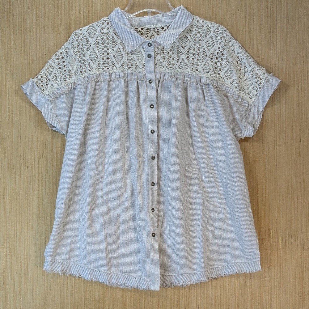 Easel Womens Boho Cottage Lagenlook Striped Crochet Lace Yoke Top Size L Neutral